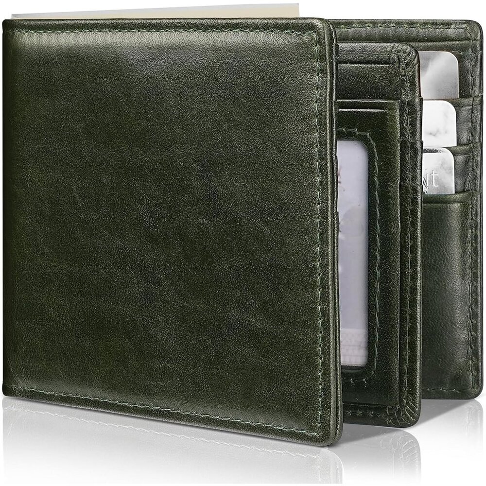 Men's Classic Holders Bifold Wallet Card Green Genuine Leather 2 Cash Pockets